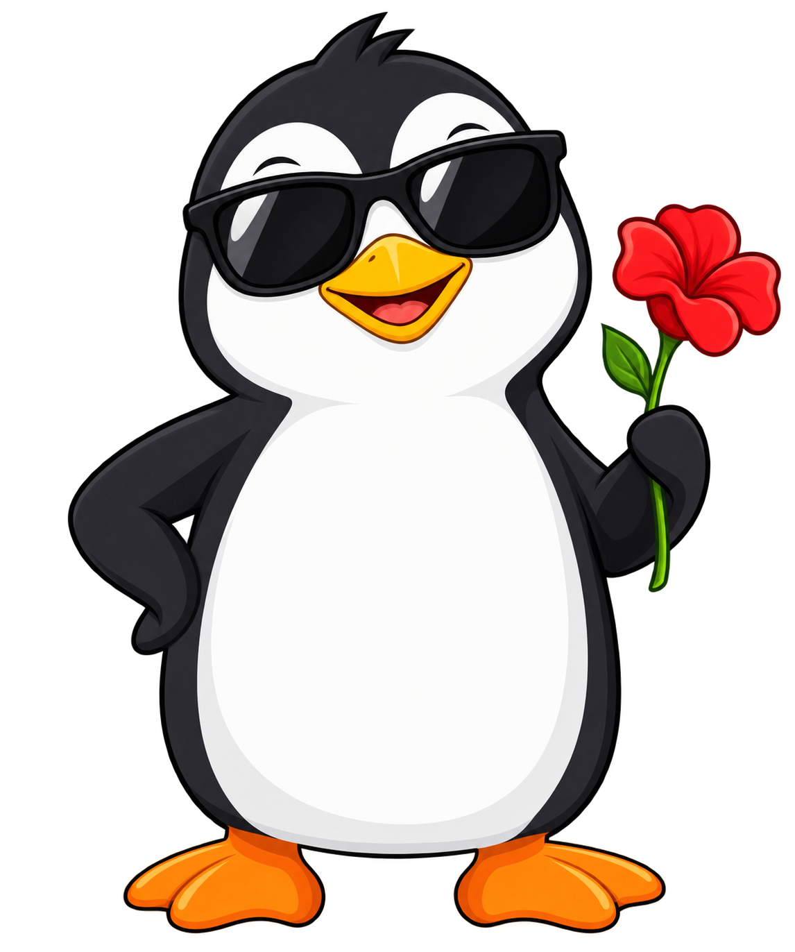 Pinguim de óculos escuros segurando uma flor vermelha